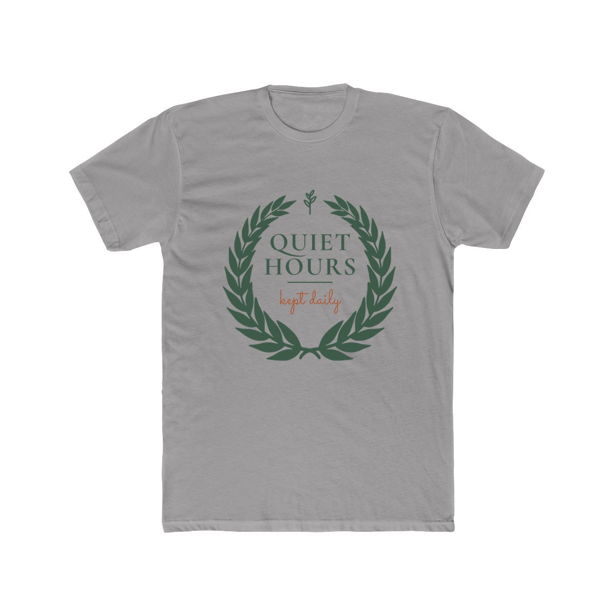 Quiet Hours, Kept Daily, printed on a cotton crew tee in Solid Light Grey