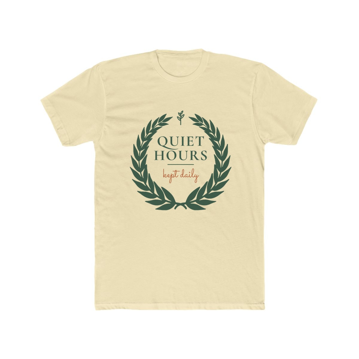 Quiet Hours, Kept Daily, printed on a cotton crew tee in Solid Natural