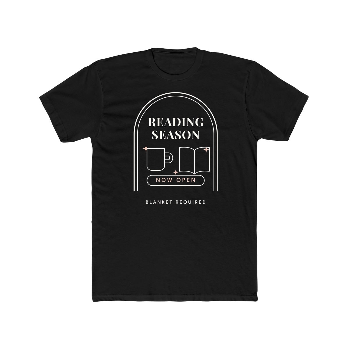 Reading Season Now Open, printed on a cotton crew tee in Solid Black