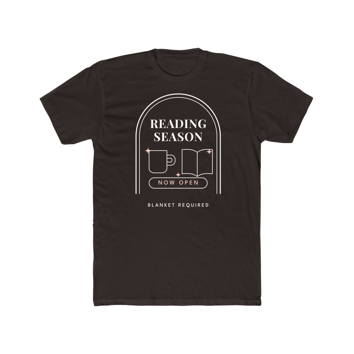 Reading Season Now Open, printed on a cotton crew tee in Solid Dark Chocolate