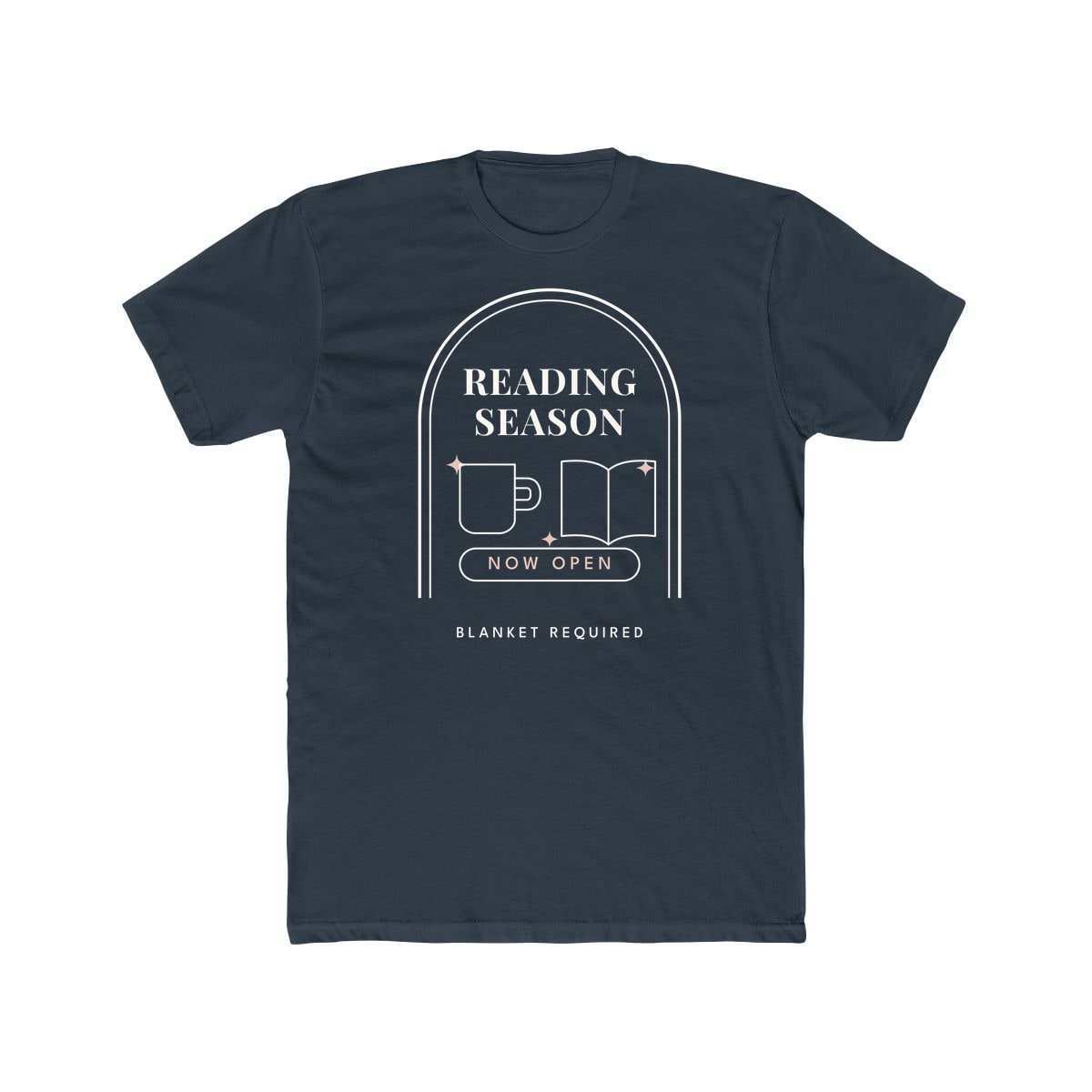 Reading Season Now Open, printed on a cotton crew tee in Solid Indigo