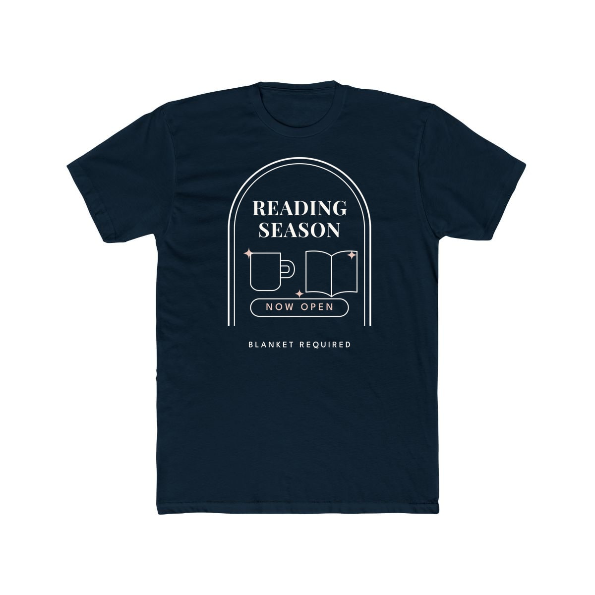Reading Season Now Open, printed on a cotton crew tee in Solid Midnight Navy