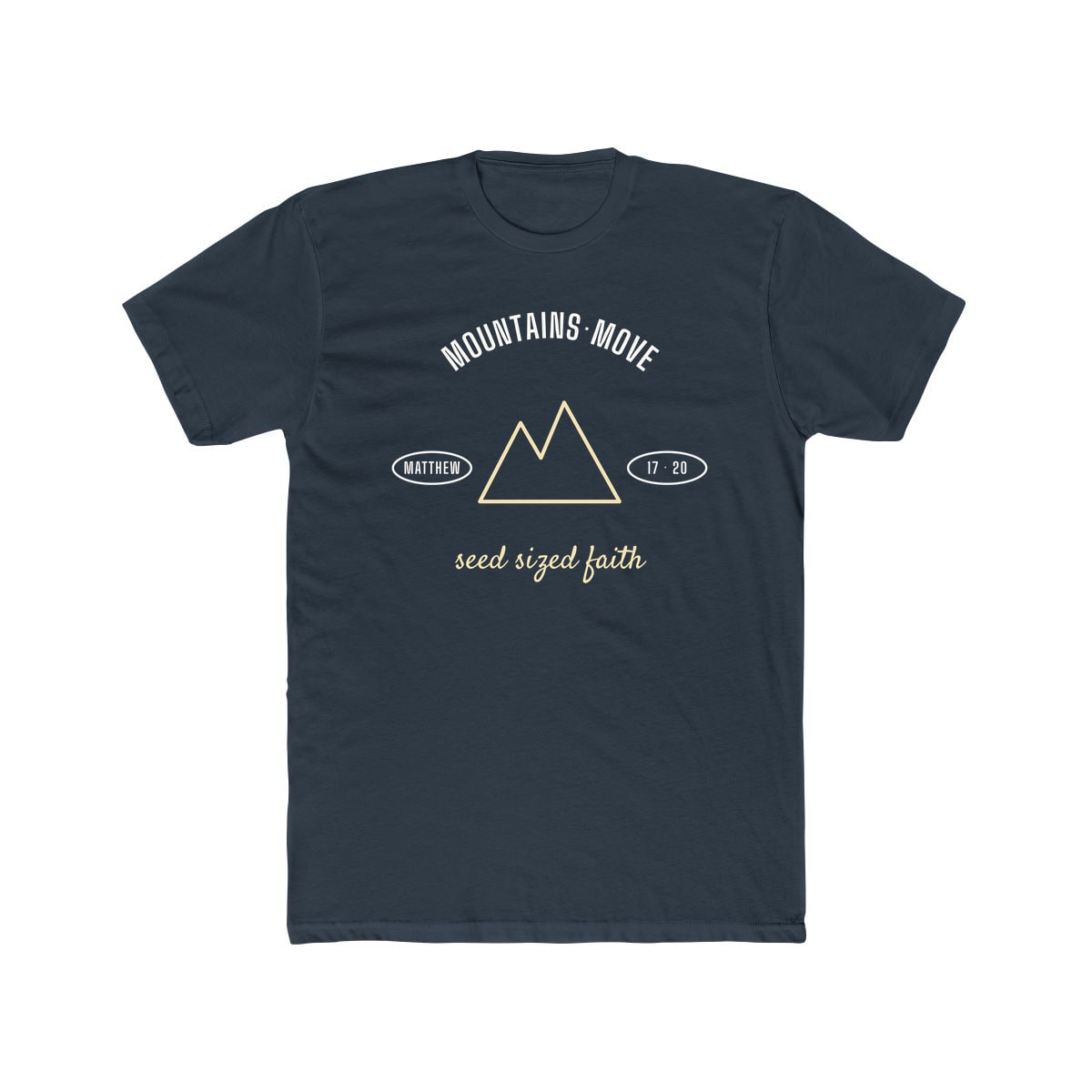 Seed Sized, Mountains Move, printed on a cotton crew tee in Solid Indigo