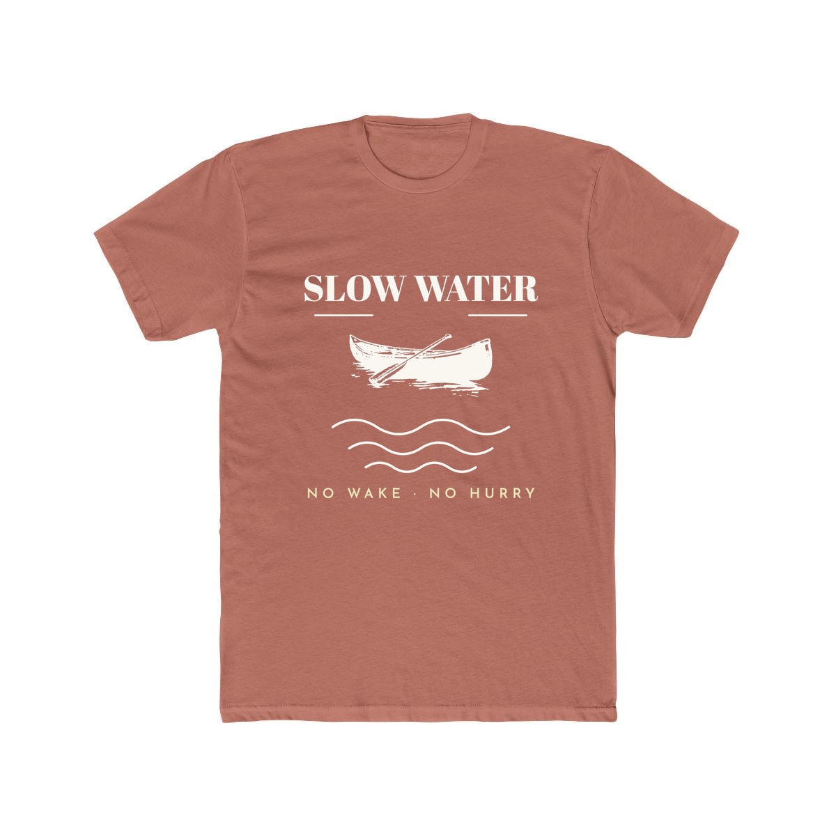 Slow Water, printed on a cotton crew tee in Solid Desert Pink