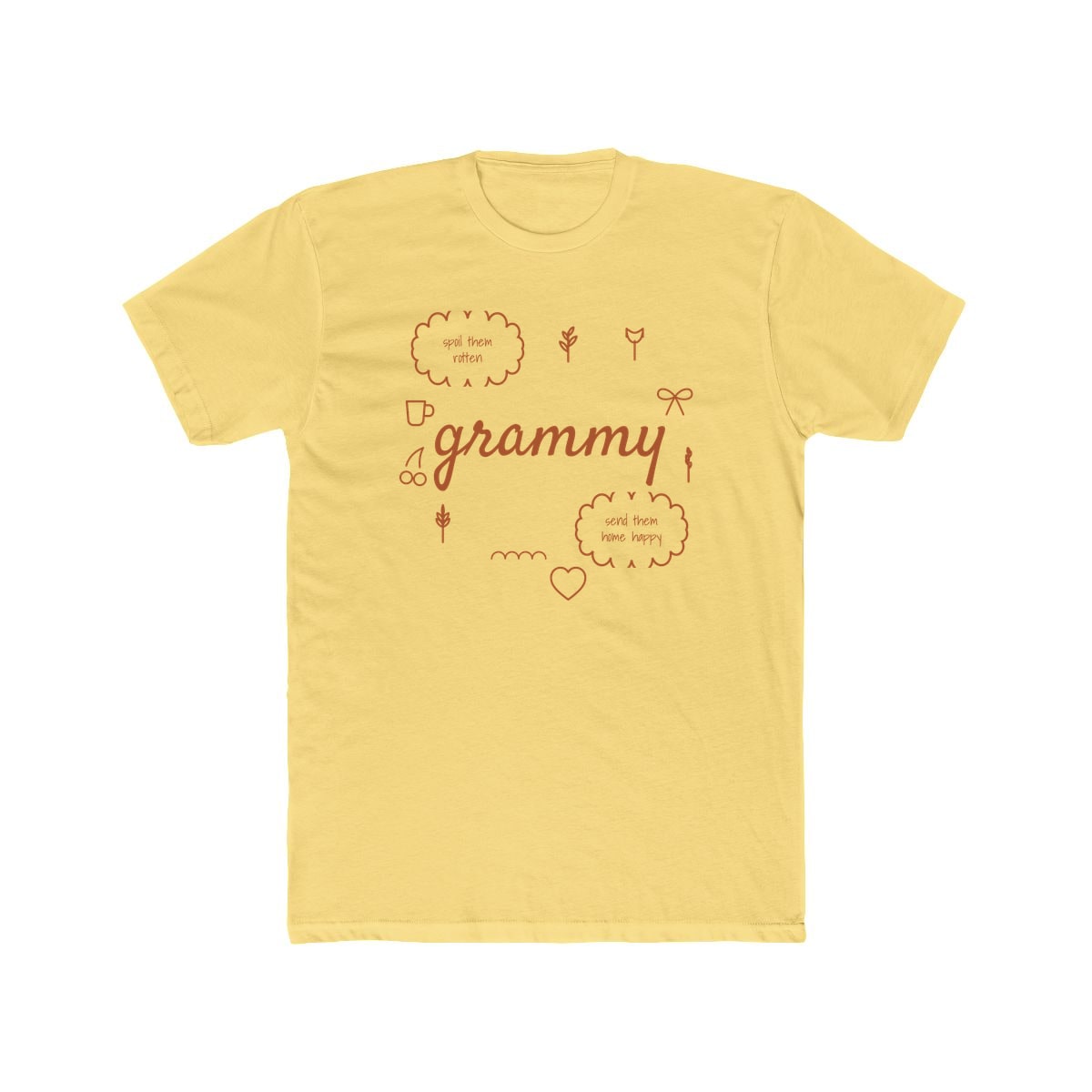 Spoil Them, Send Them Home, printed on a cotton crew tee in Solid Banana Cream