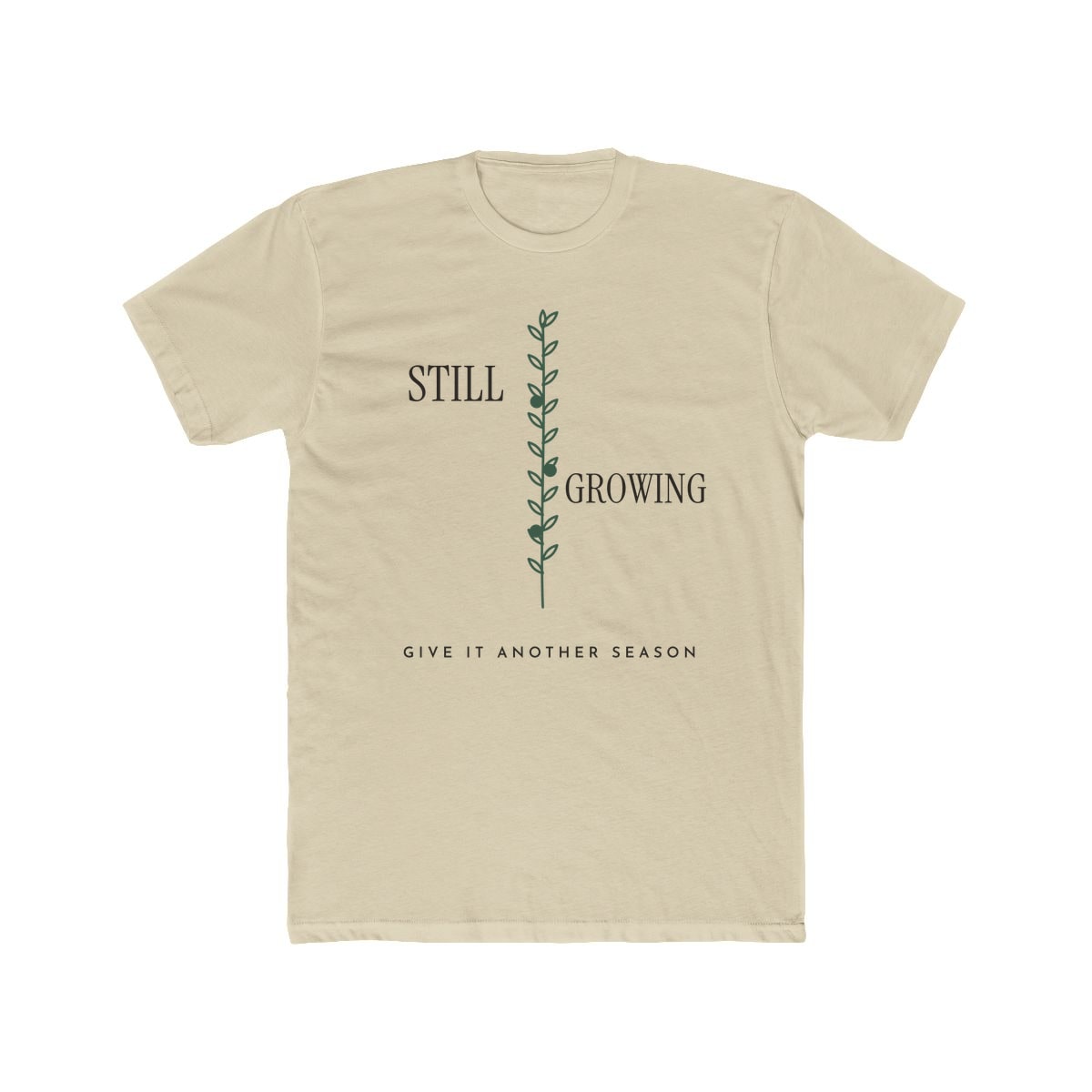 Still Growing Olive Branch, printed on a cotton crew tee in Solid Cream