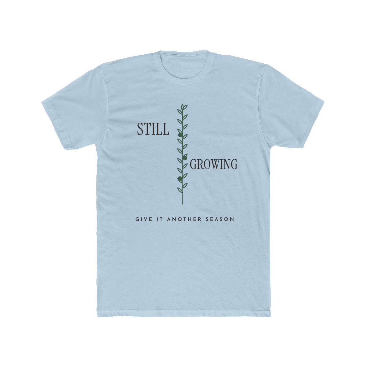 Still Growing Olive Branch, printed on a cotton crew tee in Solid Light Blue
