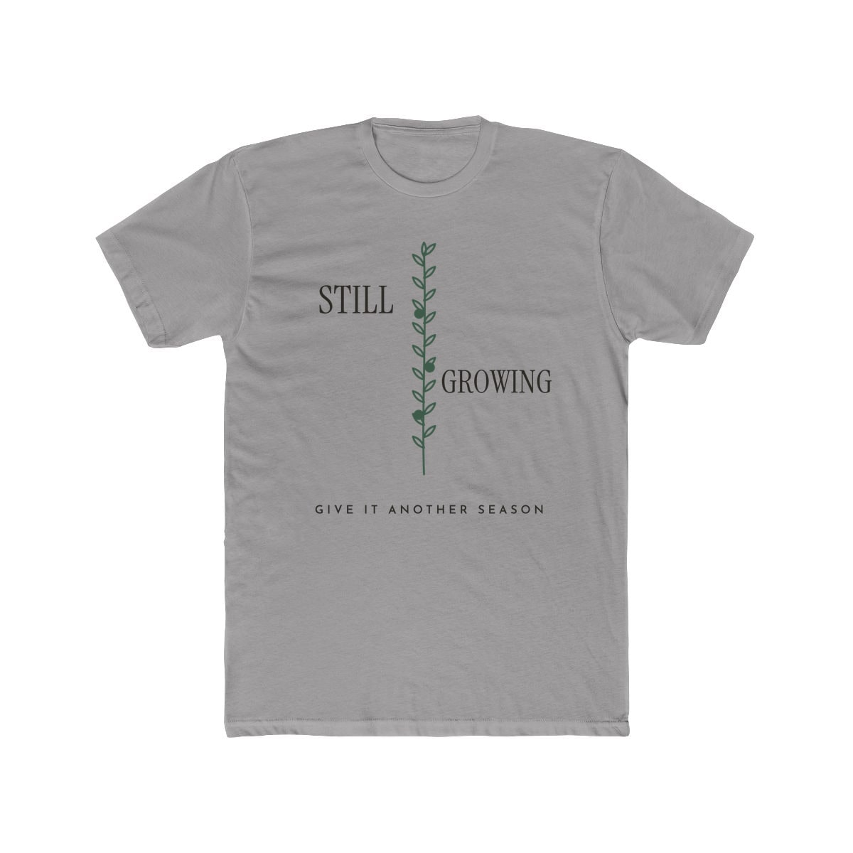 Still Growing Olive Branch, printed on a cotton crew tee in Solid Light Grey