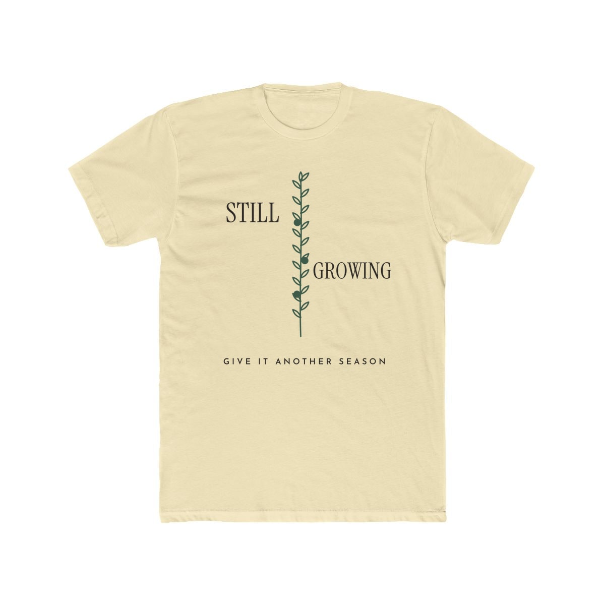 Still Growing Olive Branch, printed on a cotton crew tee in Solid Natural