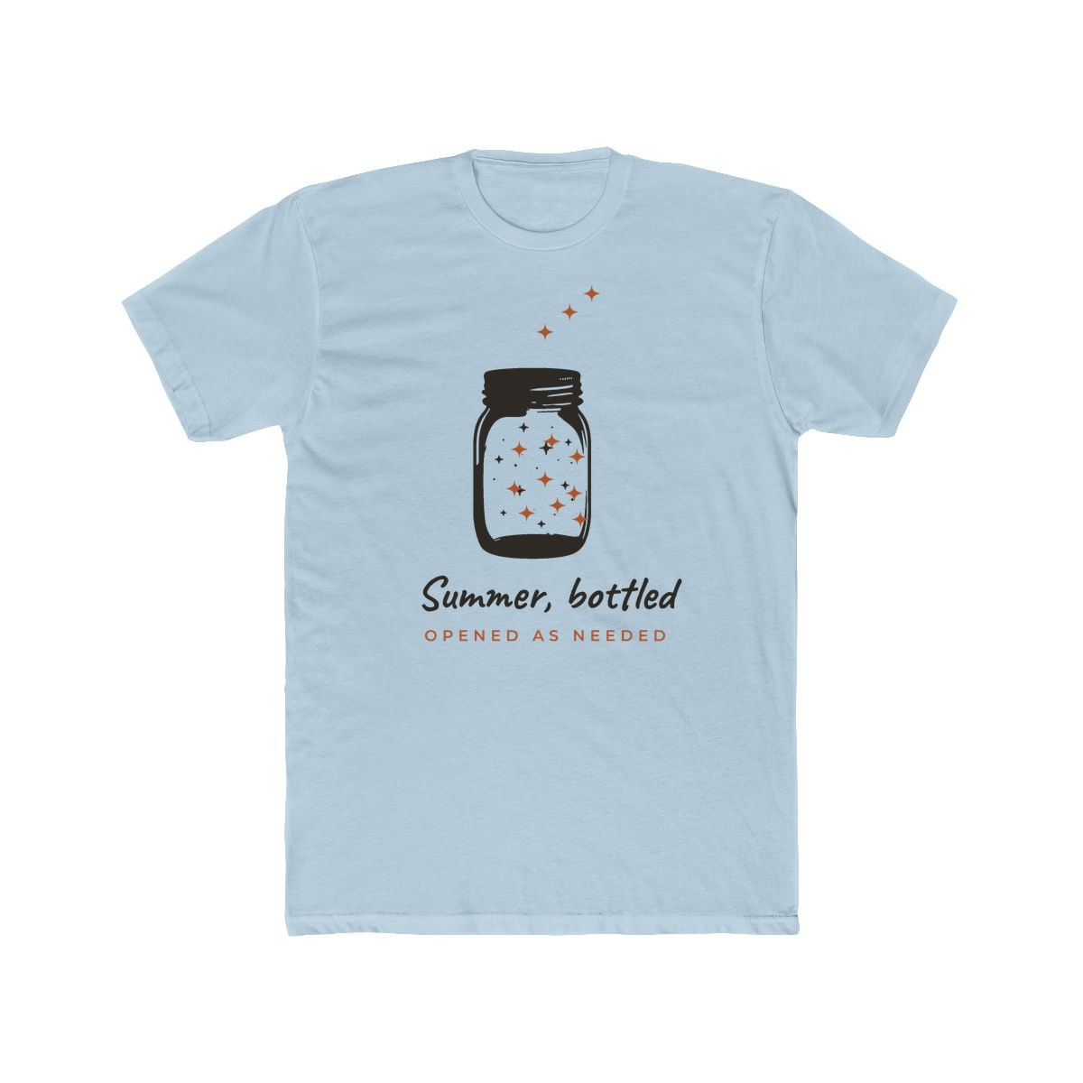 Summer, Bottled, printed on a cotton crew tee in Solid Light Blue