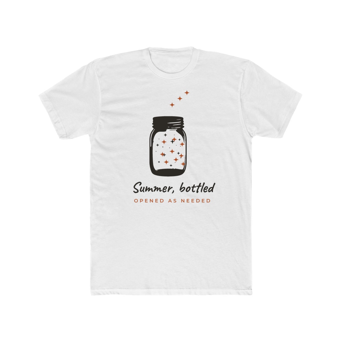 Summer, Bottled, printed on a cotton crew tee in Solid White