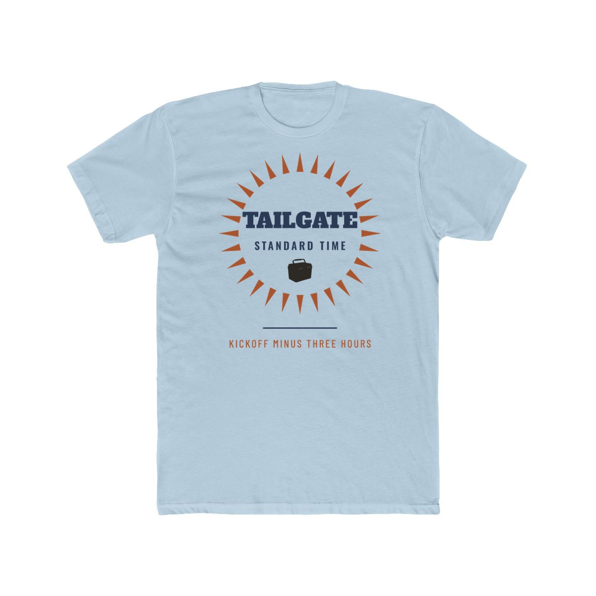 Tailgate Standard Time, printed on a cotton crew tee in Solid Light Blue