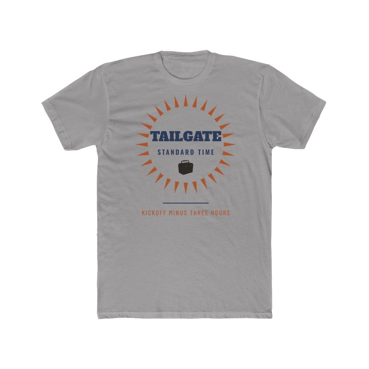 Tailgate Standard Time, printed on a cotton crew tee in Solid Light Grey