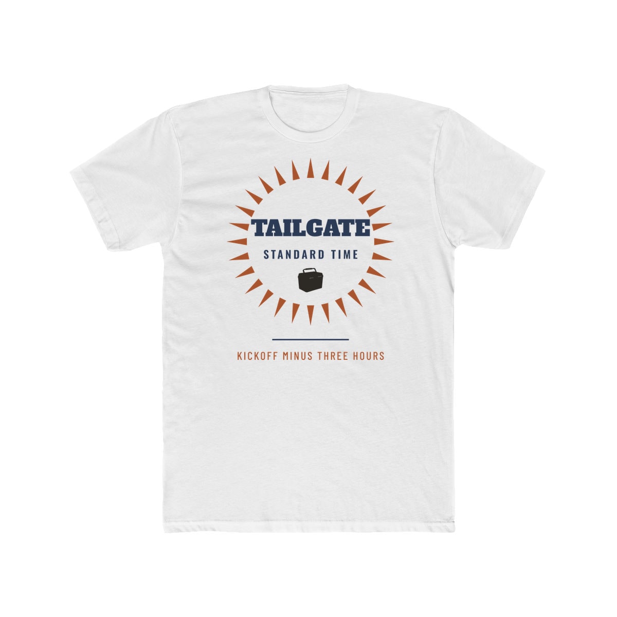 Tailgate Standard Time, printed on a cotton crew tee in Solid White