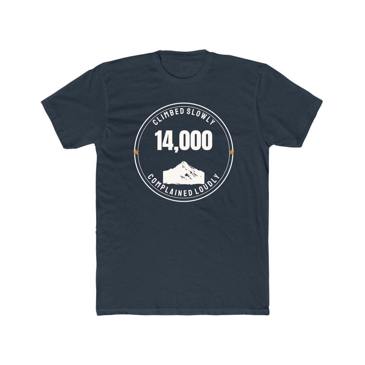 The Fourteener Club, printed on a cotton crew tee in Solid Indigo