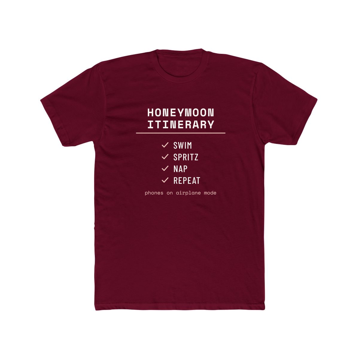 The Honeymoon Itinerary, printed on a cotton crew tee in Solid Cardinal Red