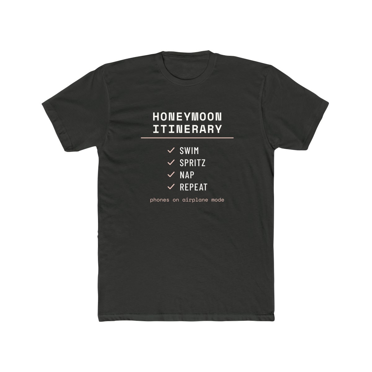 The Honeymoon Itinerary, printed on a cotton crew tee in Solid Heavy Metal