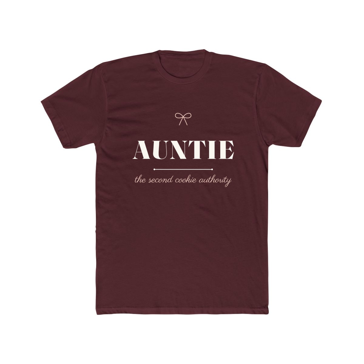 The Second Cookie Authority, printed on a cotton crew tee in Solid Maroon