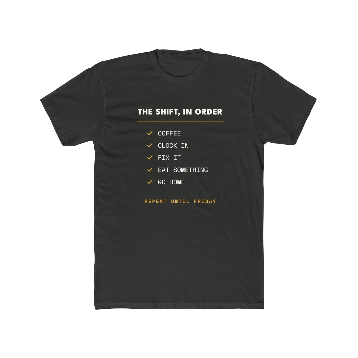 The Shift In Order, printed on a cotton crew tee in Solid Heavy Metal