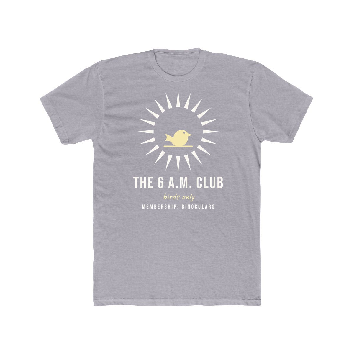 The Six A.M. Club, printed on a cotton crew tee in Heather Grey