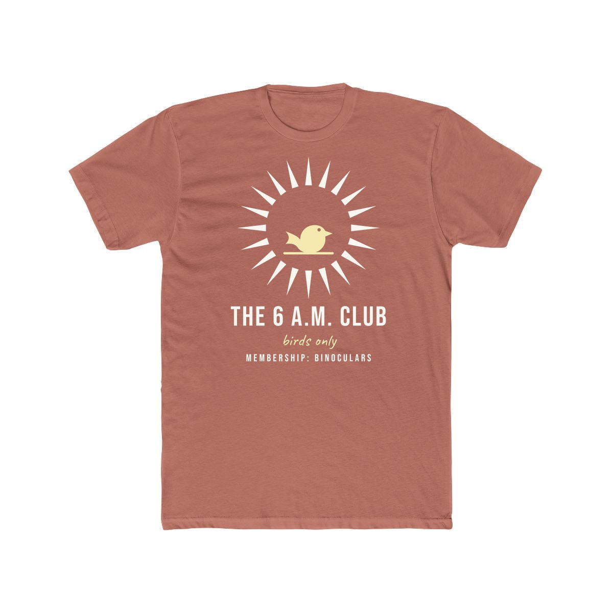 The Six A.M. Club, printed on a cotton crew tee in Solid Desert Pink