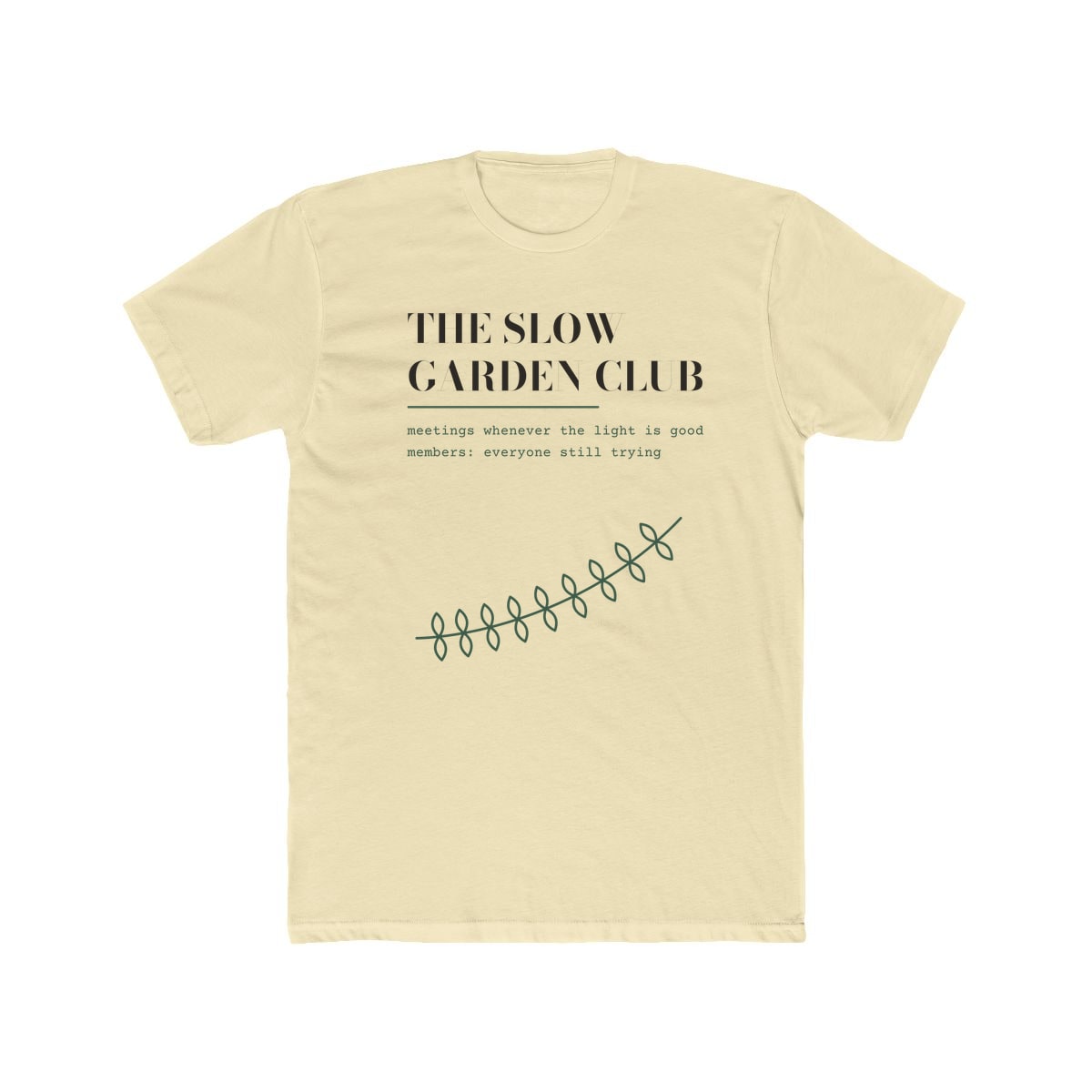The Slow Garden Club, printed on a cotton crew tee in Solid Natural