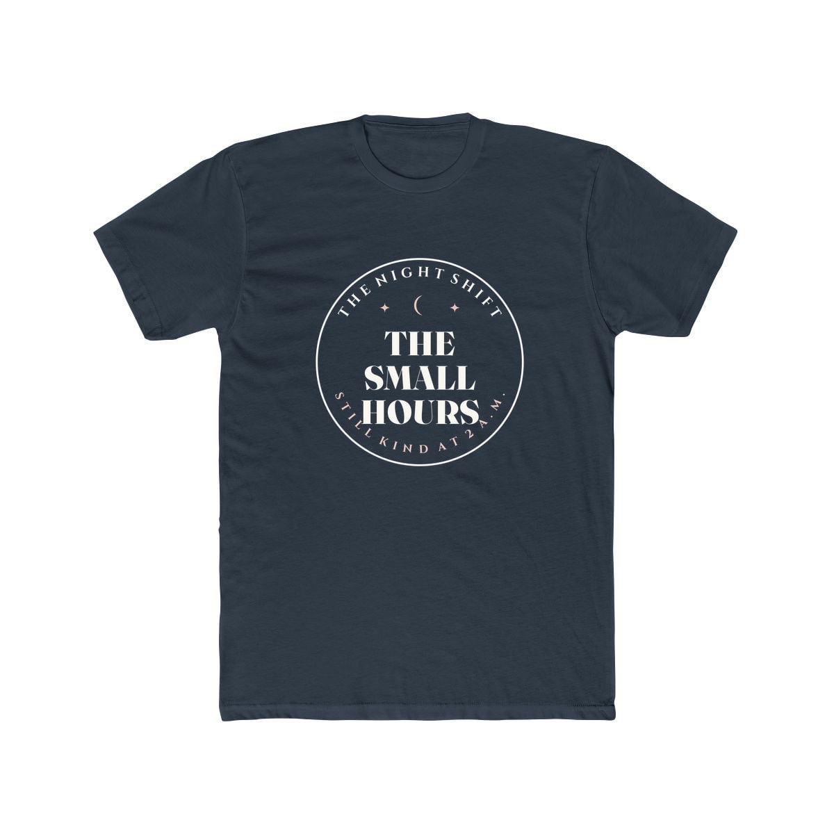The Small Hours, printed on a cotton crew tee in Solid Indigo