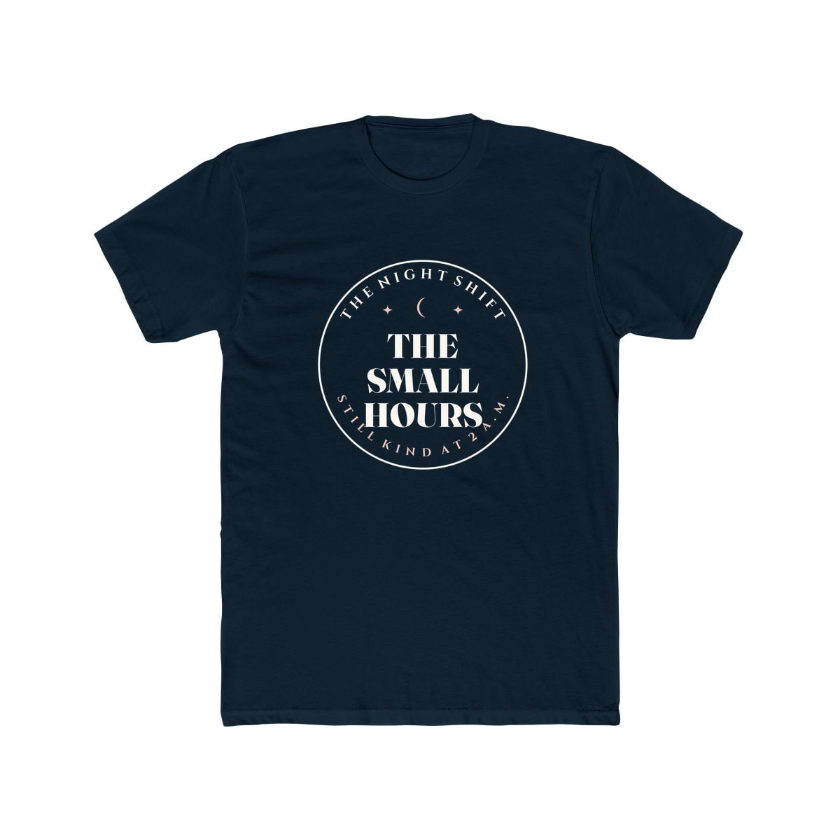 The Small Hours, printed on a cotton crew tee in Solid Midnight Navy