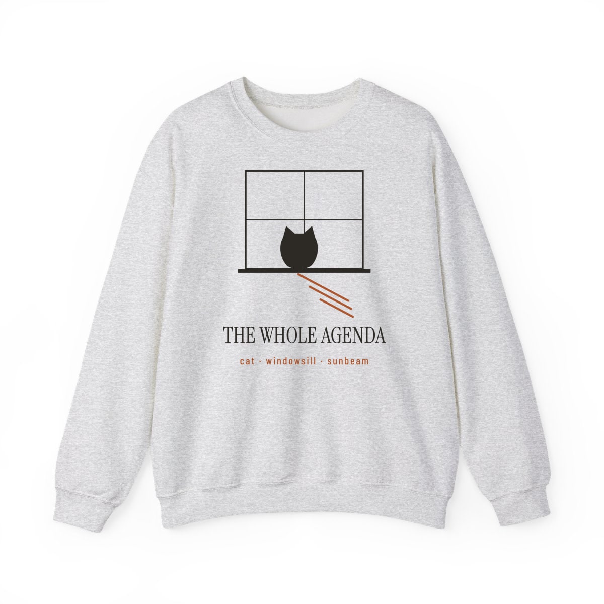 Cat, Windowsill, Sunbeam, printed on a crewneck in Ash