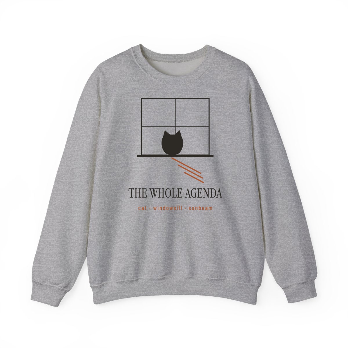 Cat, Windowsill, Sunbeam, printed on a crewneck in Sport Grey