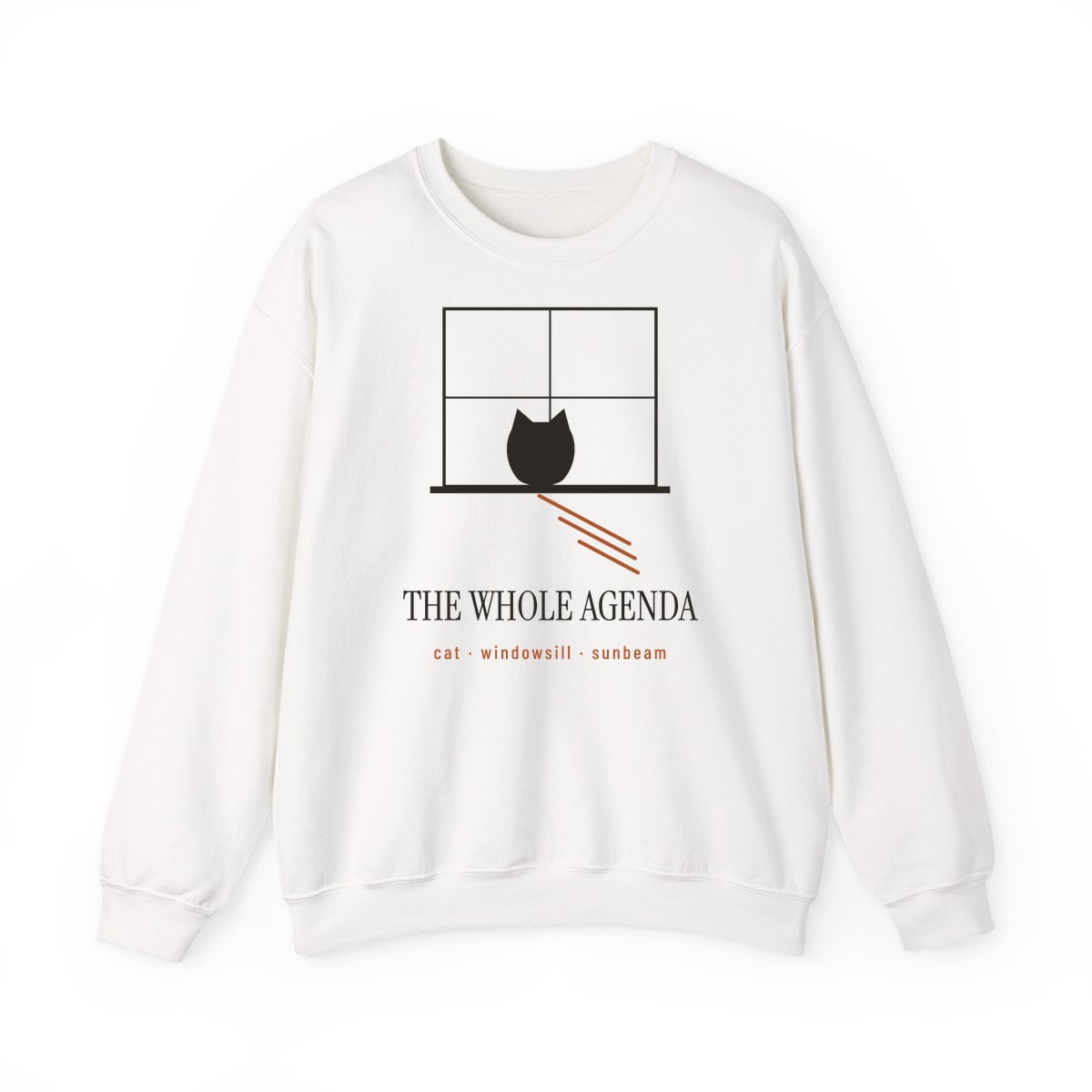 Cat, Windowsill, Sunbeam, printed on a crewneck in White