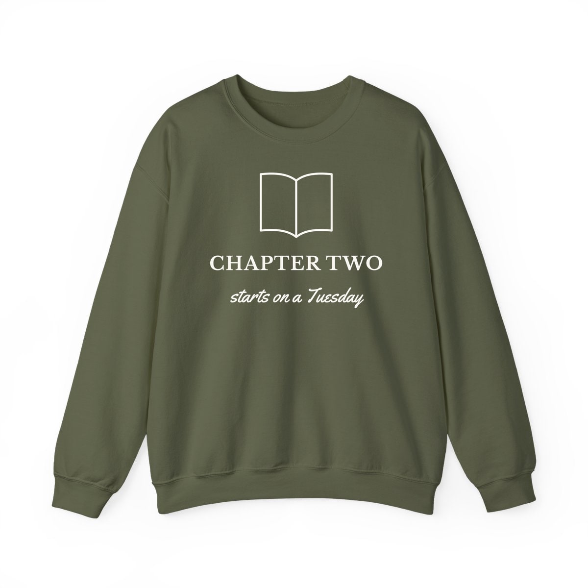 Chapter Two, printed on a crewneck in Military Green