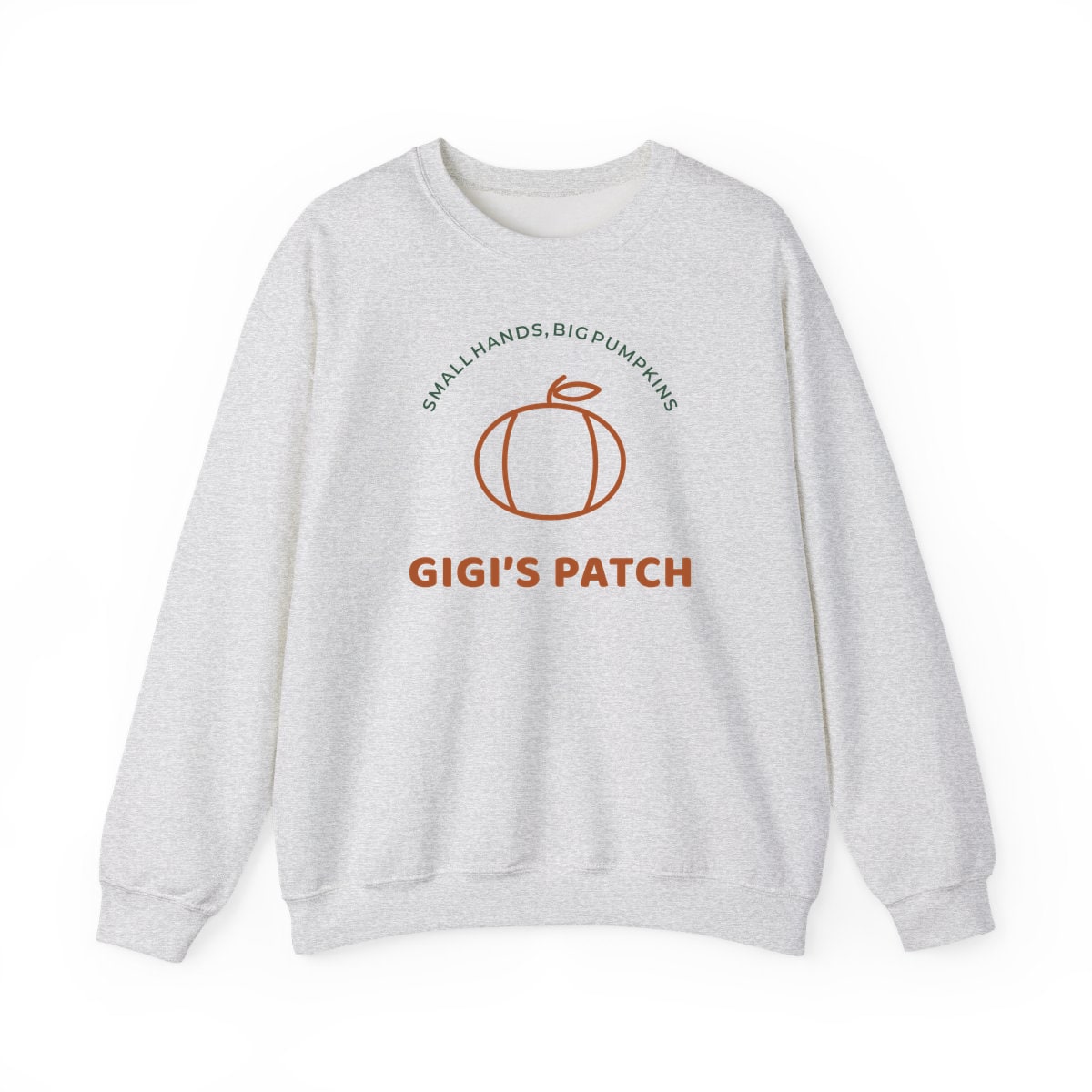 Gigi’s Pumpkin Patch, printed on a crewneck in Ash