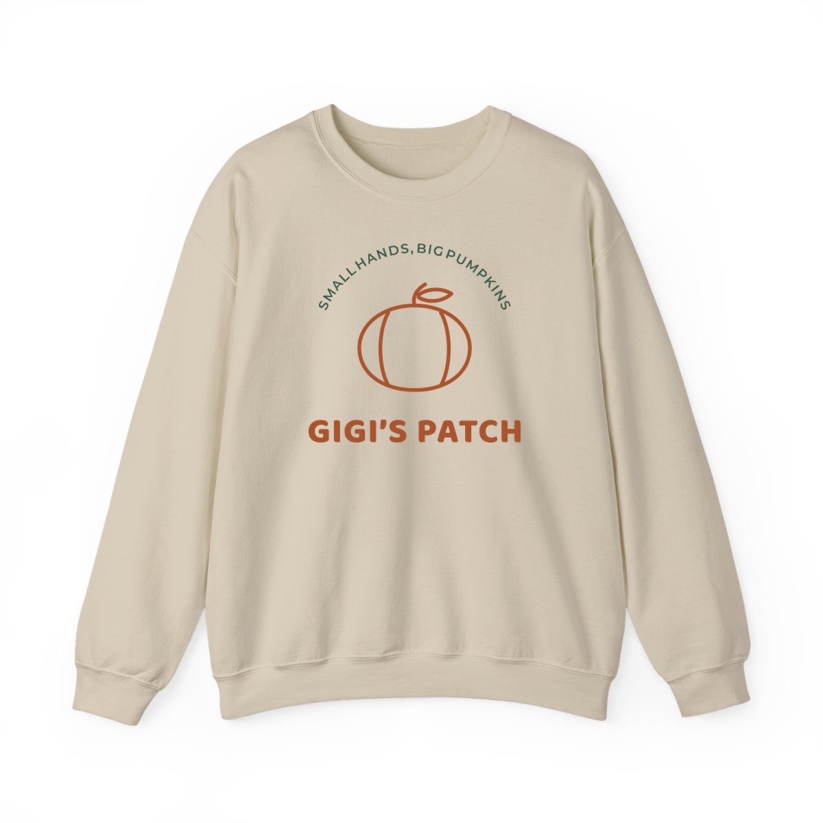 Gigi’s Pumpkin Patch, printed on a crewneck in Sand