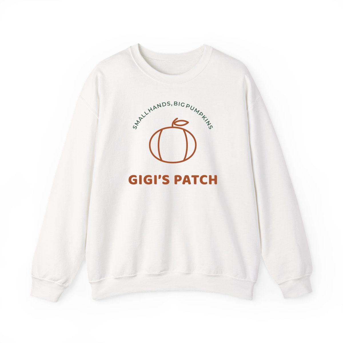 Gigi’s Pumpkin Patch, printed on a crewneck in White