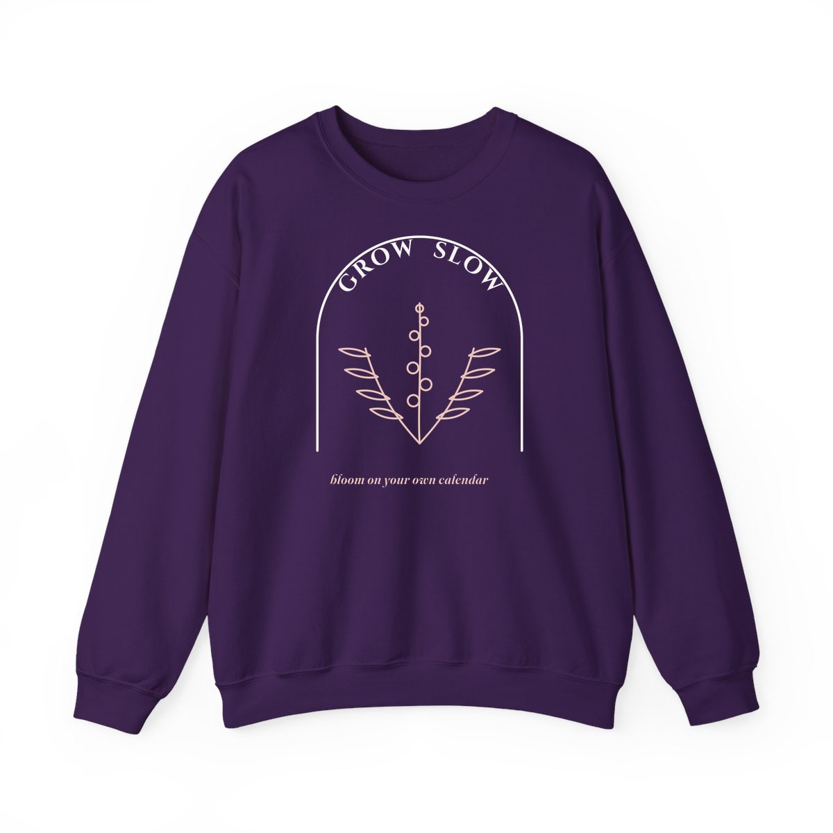 Grow Slow Arch, printed on a crewneck in Purple
