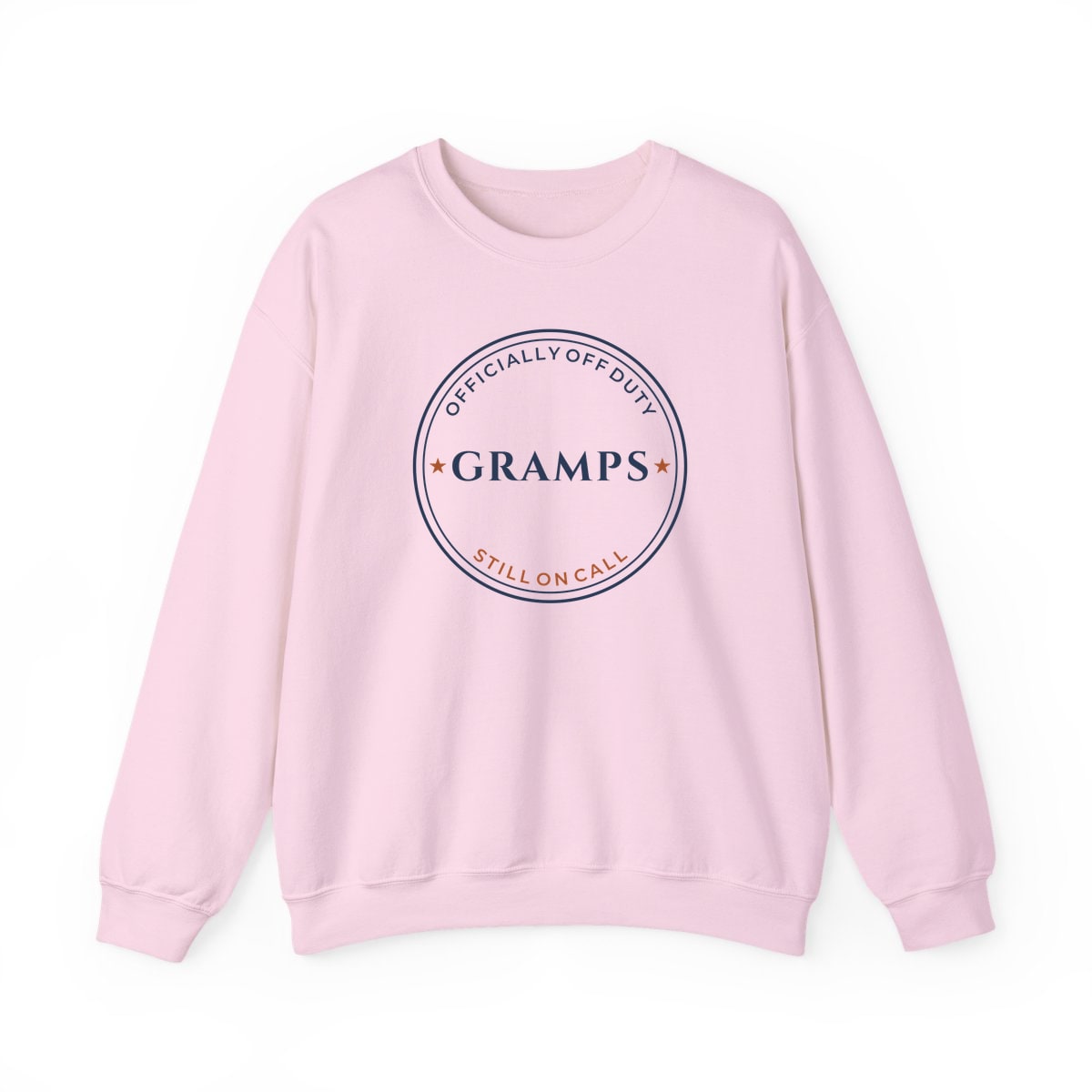 Off Duty, Still On Call, printed on a crewneck in Light Pink