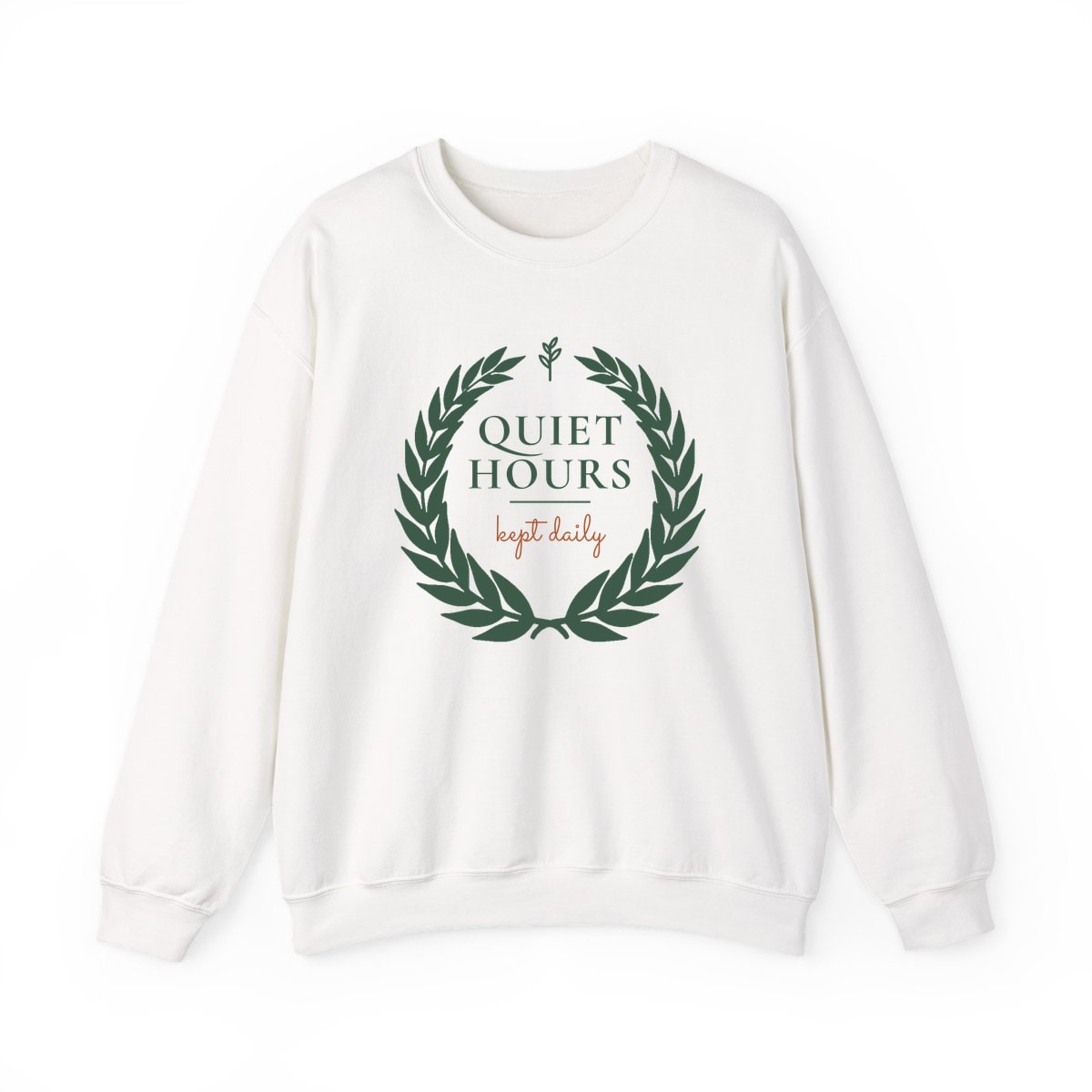 Quiet Hours, Kept Daily, printed on a crewneck in White