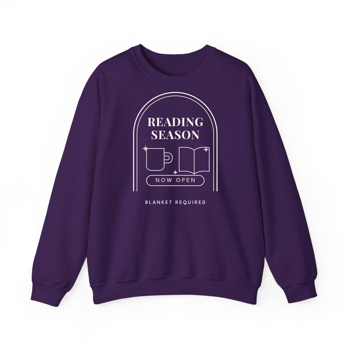 Reading Season Now Open, printed on a crewneck in Purple
