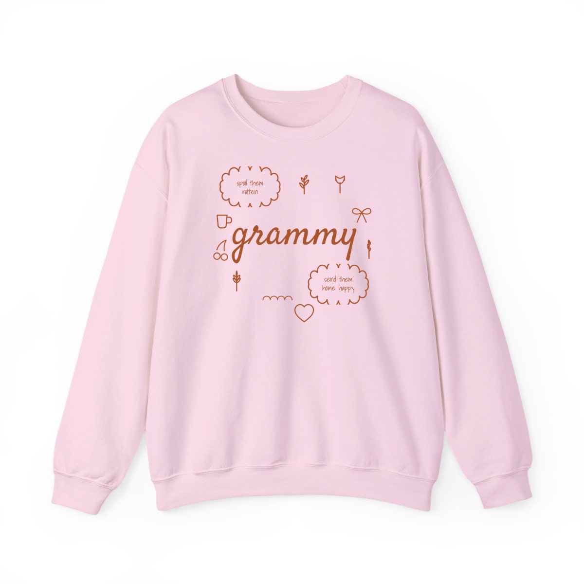 Spoil Them, Send Them Home, printed on a crewneck in Light Pink