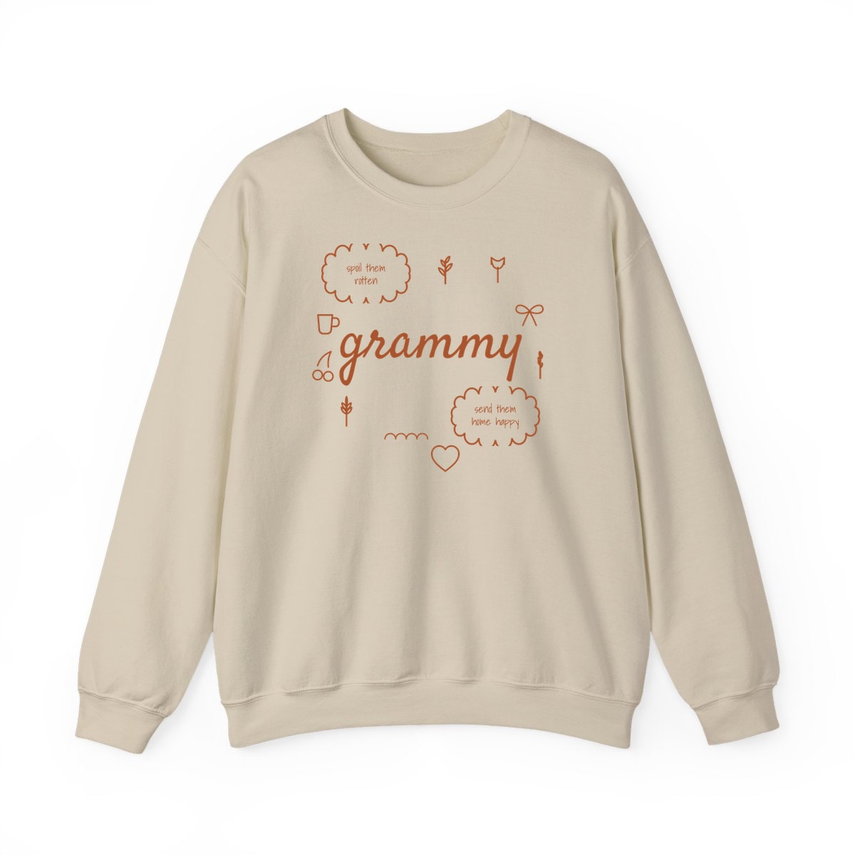 Spoil Them, Send Them Home, printed on a crewneck in Sand