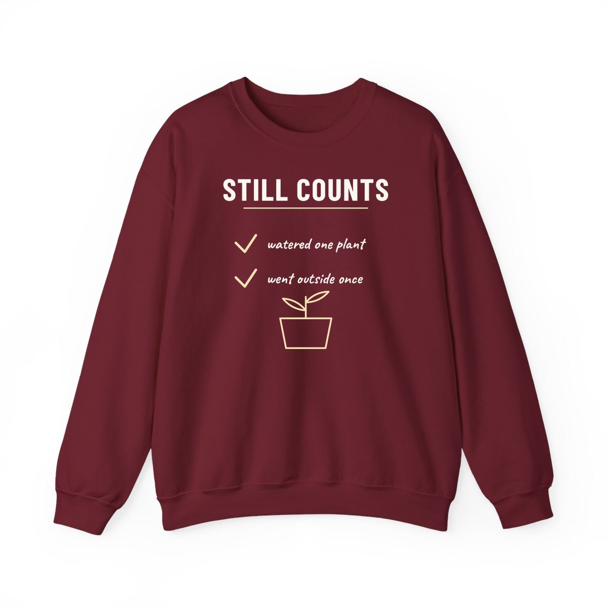 Still Counts Checklist, printed on a crewneck in Garnet