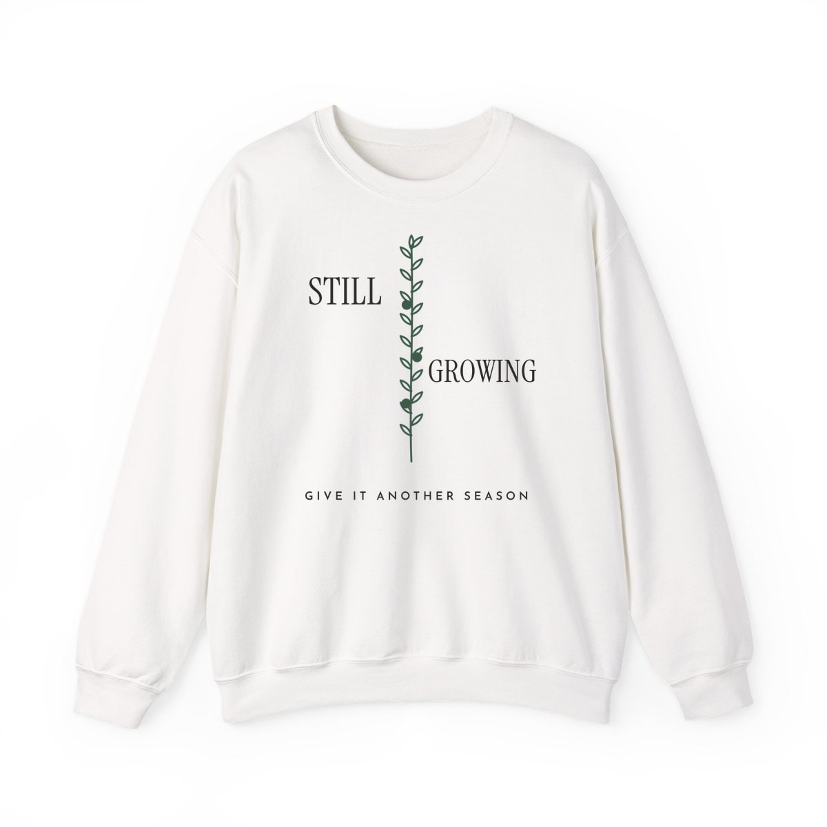 Still Growing Olive Branch, printed on a crewneck in White
