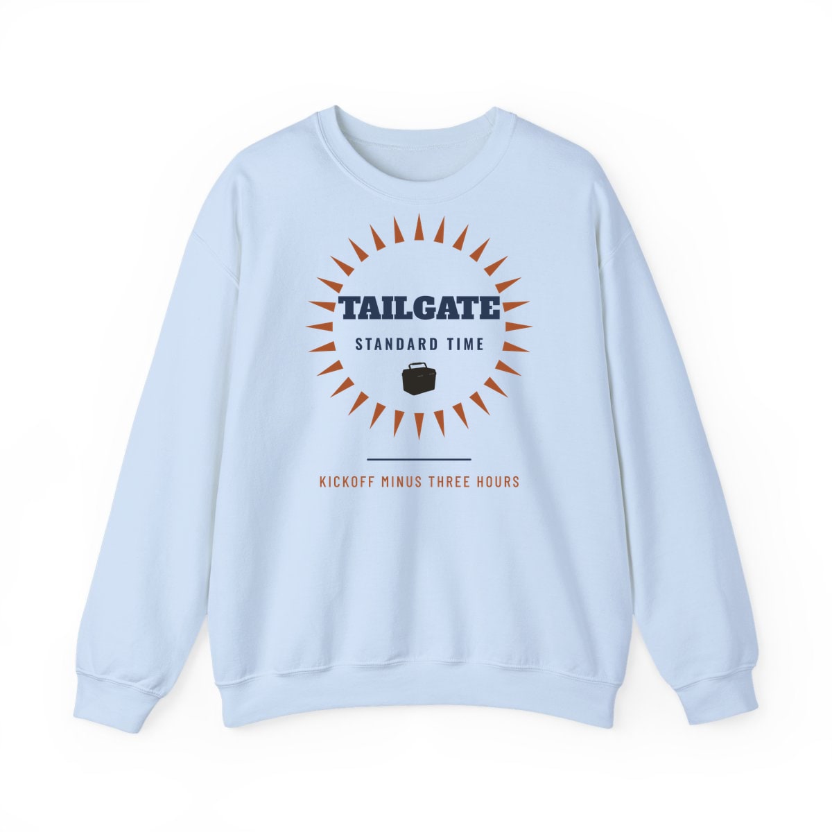 Tailgate Standard Time, printed on a crewneck in Light Blue