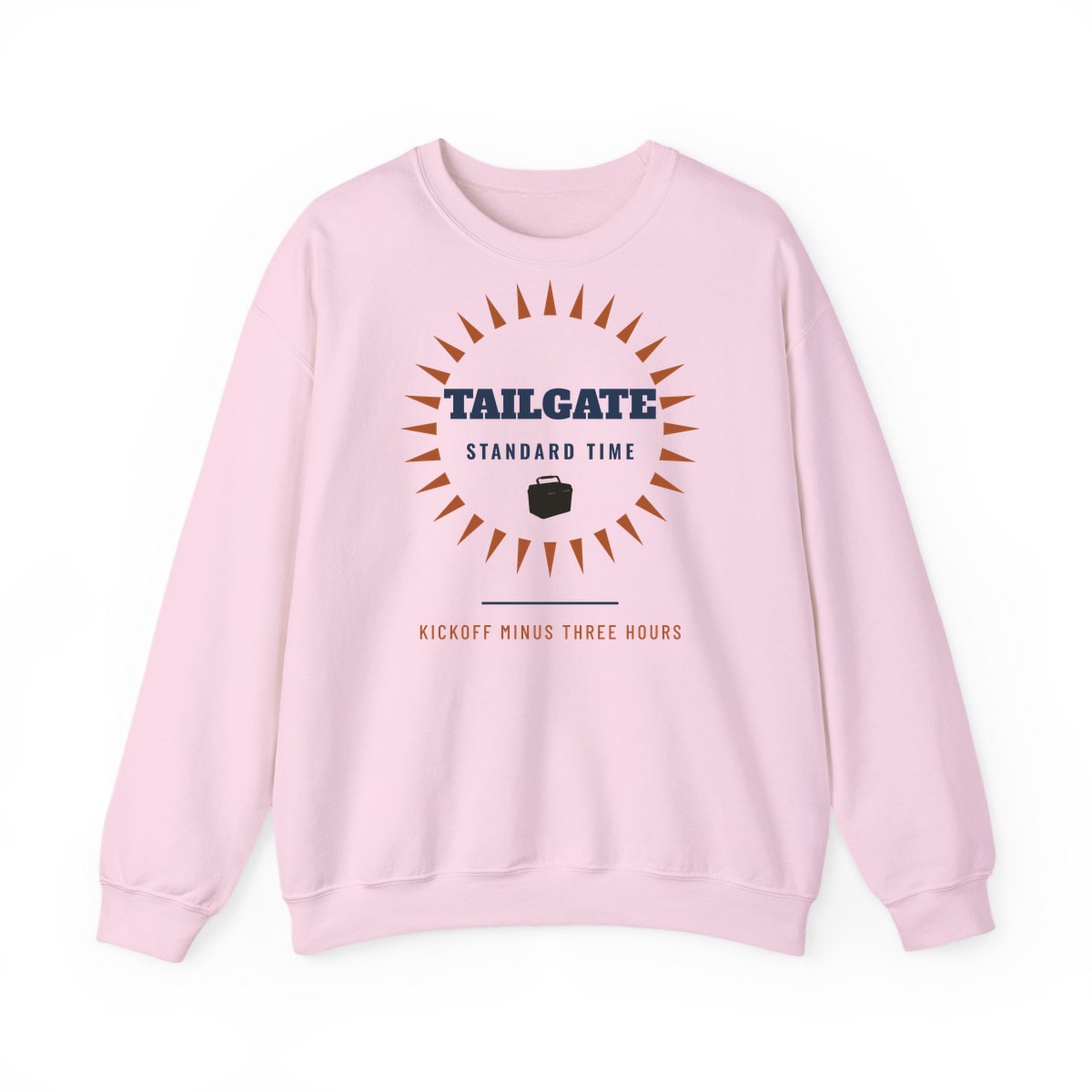 Tailgate Standard Time, printed on a crewneck in Light Pink