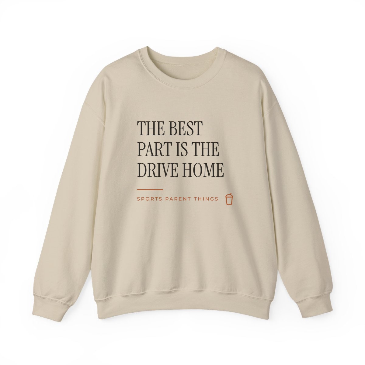 The Drive Home, printed on a crewneck in Sand