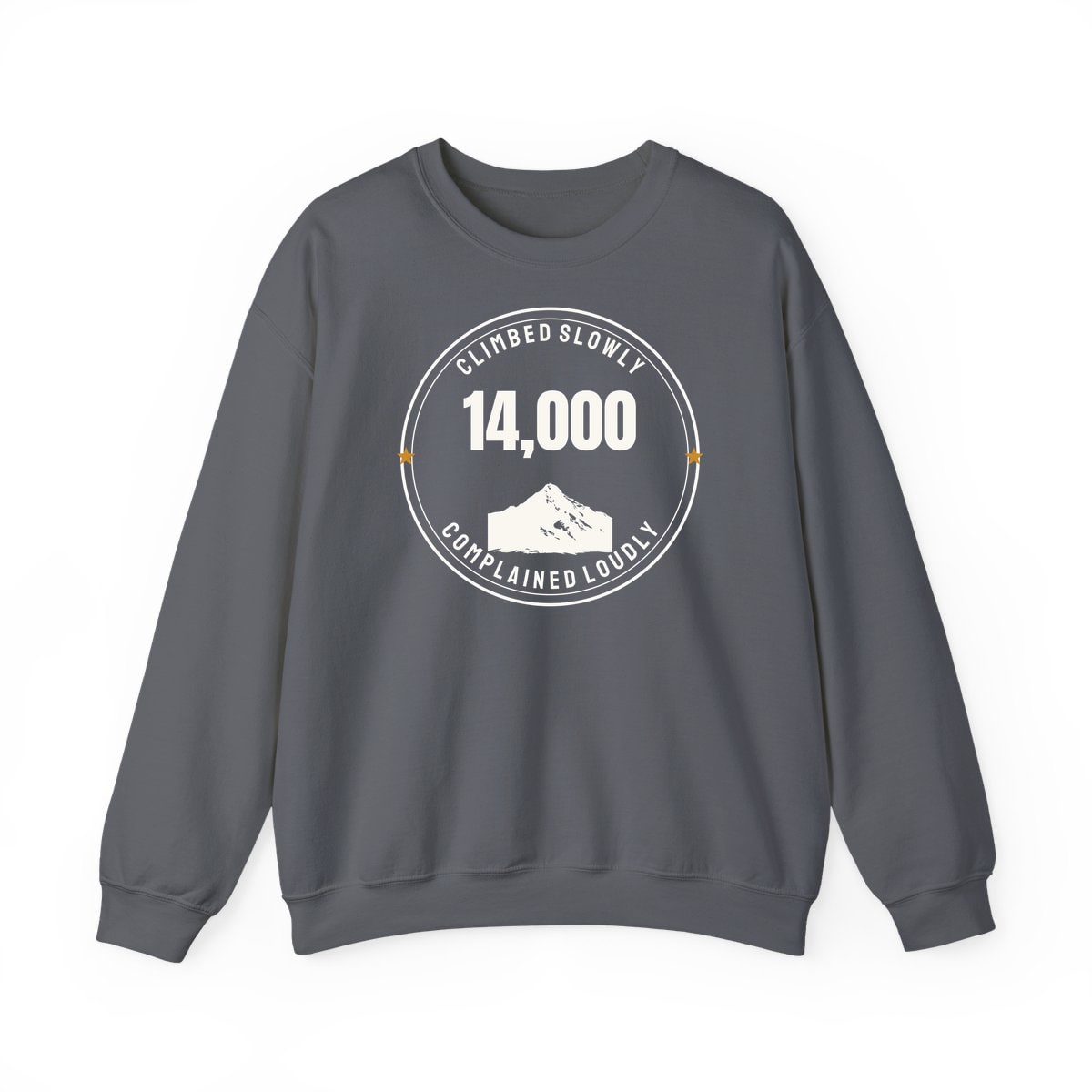 The Fourteener Club, printed on a crewneck in Charcoal