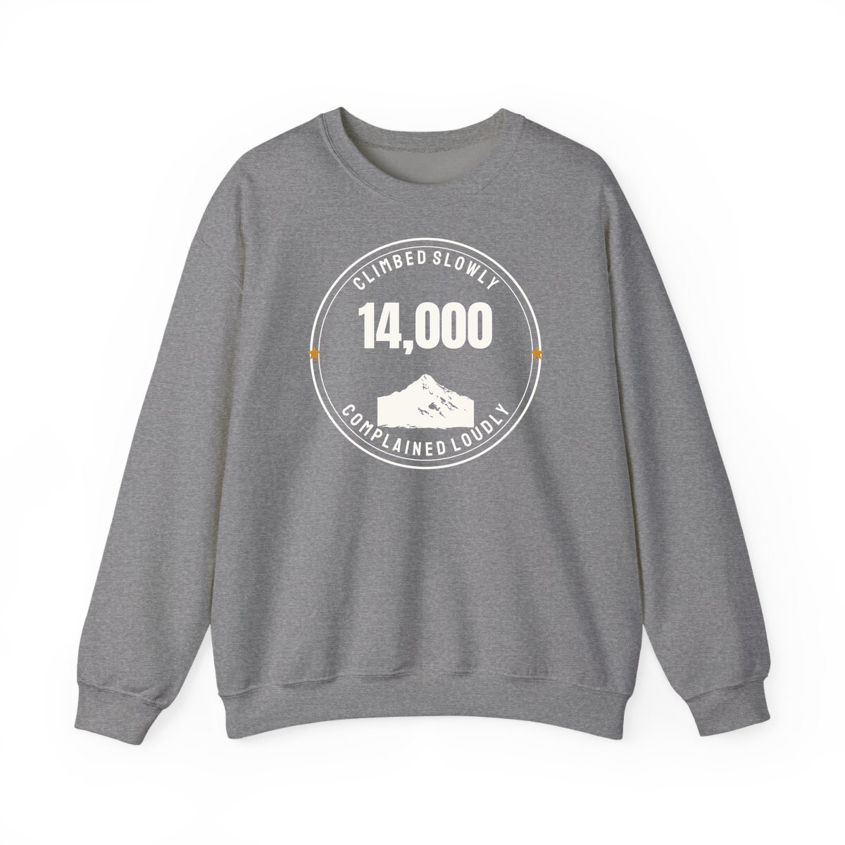 The Fourteener Club, printed on a crewneck in Graphite Heather