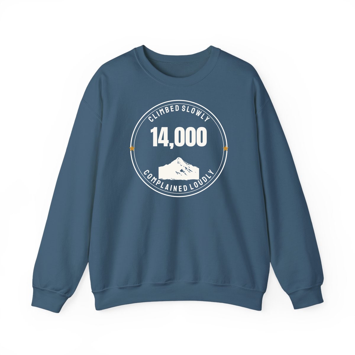 The Fourteener Club, printed on a crewneck in Indigo Blue