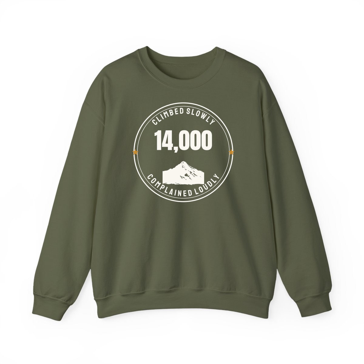 The Fourteener Club, printed on a crewneck in Military Green